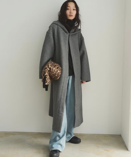 wool melton hoodie long coat/2color