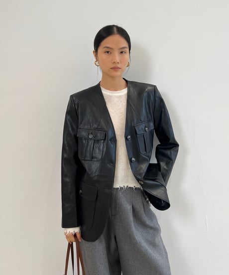 【FINE】v-neck leather touch jacket / 2color