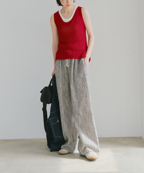 linen cotton check easy pants/2color