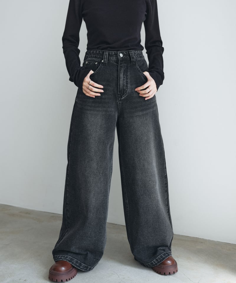 パンツ・ボトムスその他 HUE Tieredi Black Wide Denim BBU327 ワイドパンツ – Deuku
