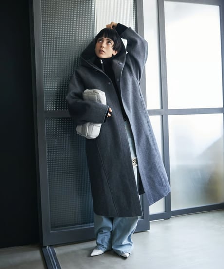 wool melton hoodie long coat/2color