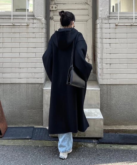 wool melton hoodie long coat/2color