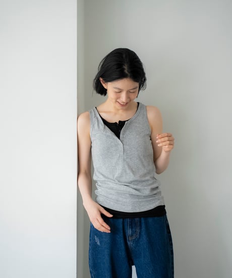 layered henley neck tank top