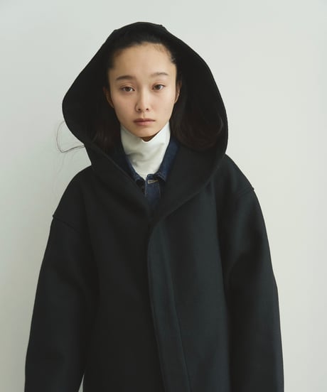 wool melton hoodie long coat/2color