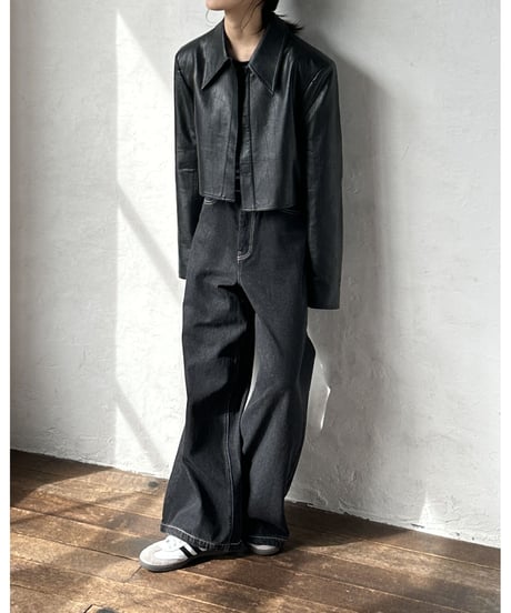 cropped fake leather jacket/2color