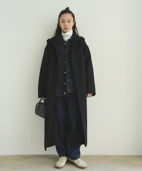 wool melton hoodie long coat/2color