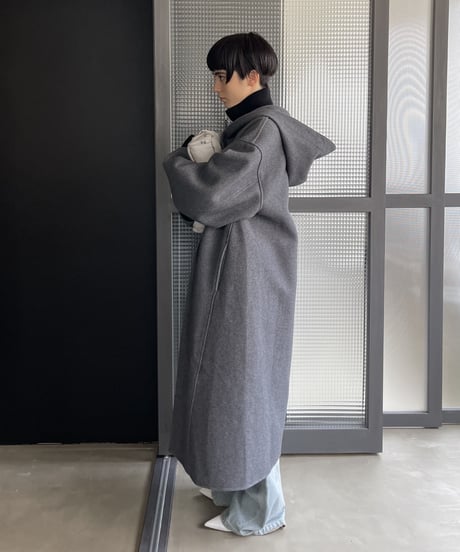 wool melton hoodie long coat/2color