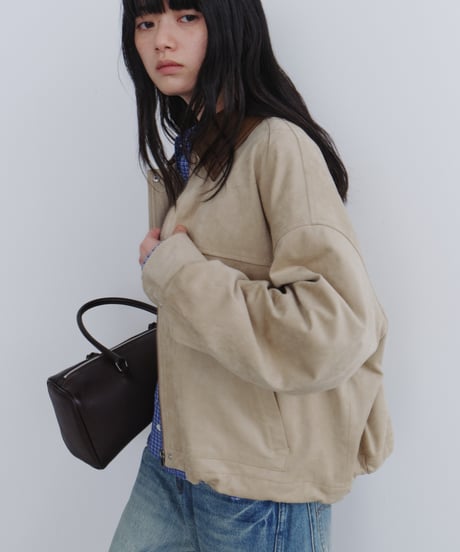 Leather Collar Suede Drawstring Jacket / 2color