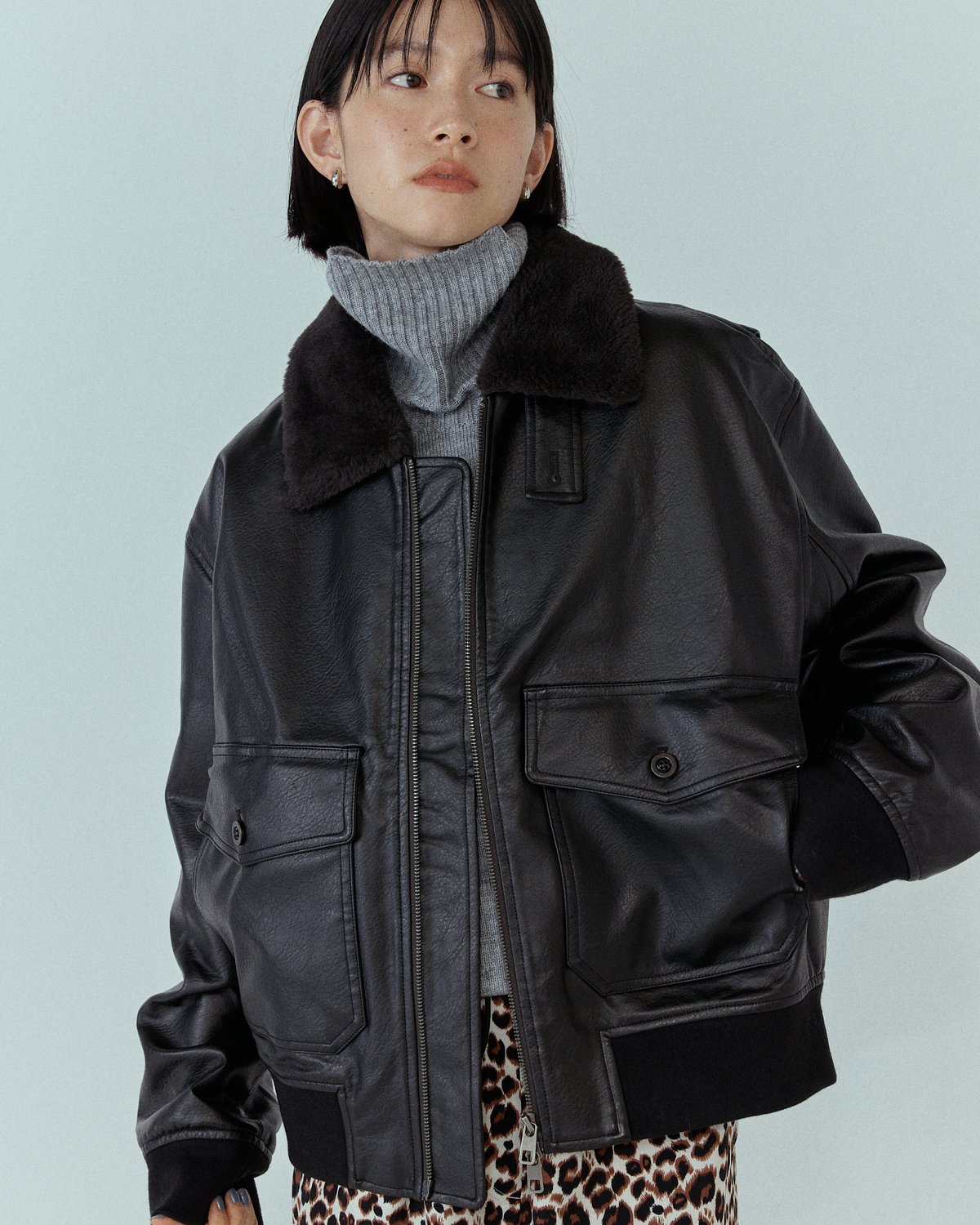 boa collar eco leather blouson/2color | F A S H