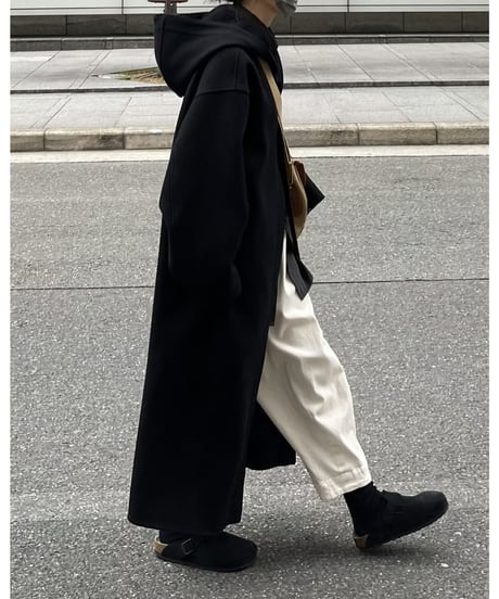 wool melton hoodie long coat/2color