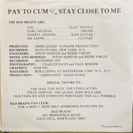 BAD BRAINS / Pay To Cum!