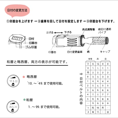 《18mm/罫線枠》名前や文字を入れる『分室の日付スタンプ』絵柄は46種類