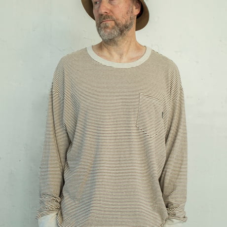 nuttyclothing  / Multi Border Pocket L/S T-Shirt Ecru White