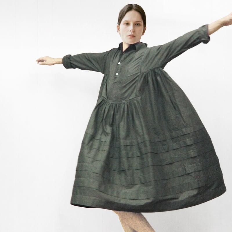 Pintuck Gathered Shirt Dress / Khaki Green | po