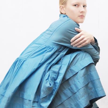 Band Collar Pintuck Gathered Dress / Light Blue