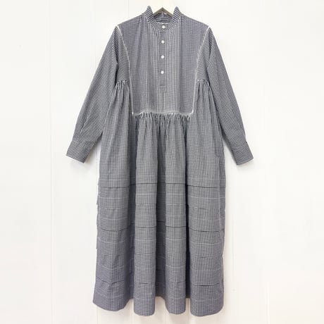 Gingham Cotton Pintuck Gathered Dress / Black × White