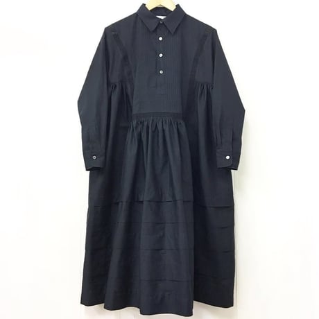 Pintuck Gathered Shirt Dress in Broad Cloth / Black