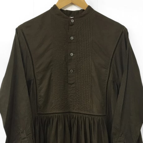 Band Collar Pintuck Gathered Dress / Dark Brown