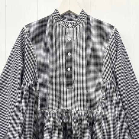 Gingham Cotton Pintuck Gathered Dress / Black × White
