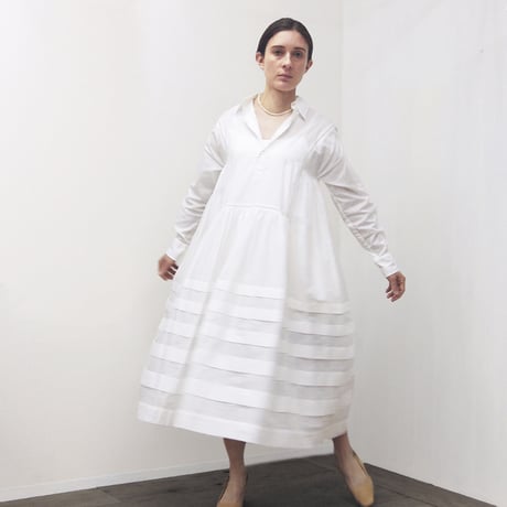Pintuck Gathered Shirt Dress / Off White
