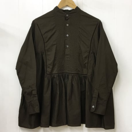 Band Collar Pintuck Gathered Top / Dark Brown