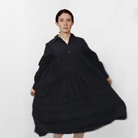 Pintuck Gathered Shirt Dress in Broad Cloth / Black