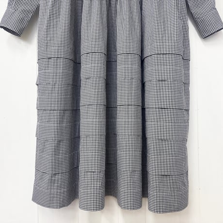 Gingham Cotton Pintuck Gathered Dress / Black × White