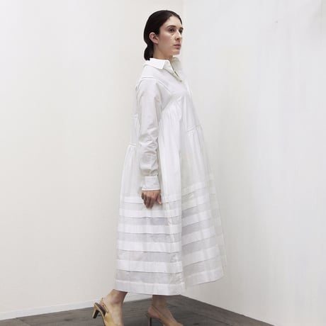 Pintuck Gathered Shirt Dress / Off White