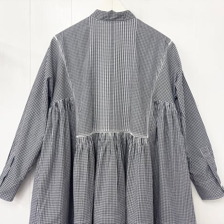 Gingham Cotton Pintuck Gathered Dress / Black × White