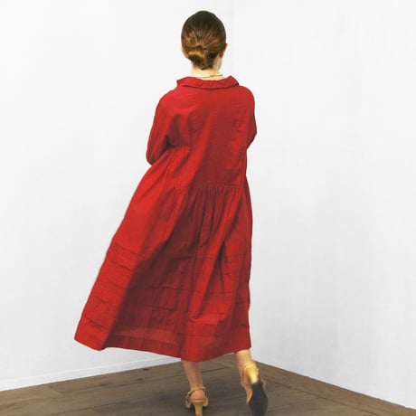 Pintuck Gathered Shirt Dress / Carmine Red