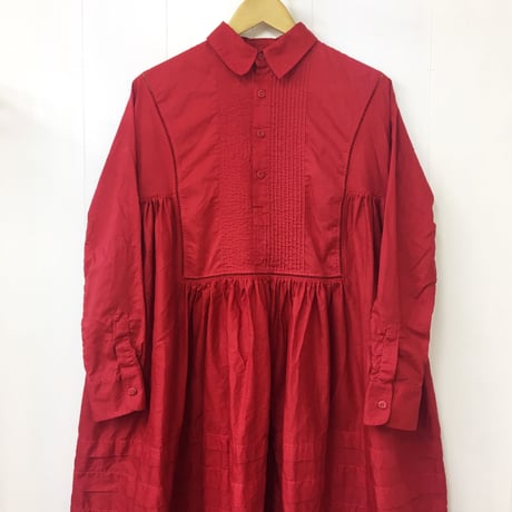 Pintuck Gathered Shirt Dress / Carmine Red