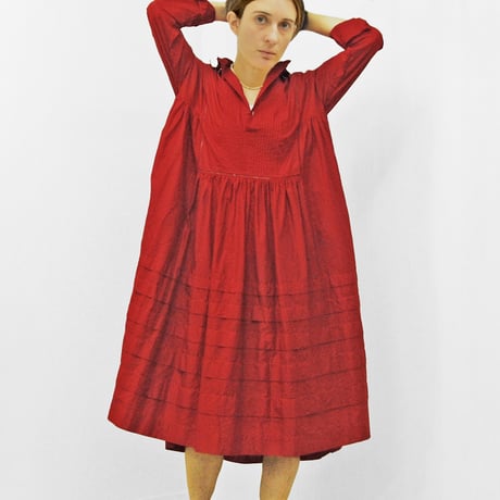Pintuck Gathered Shirt Dress / Carmine Red