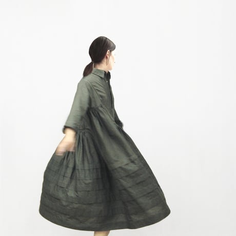 Pintuck Gathered Shirt Dress / Khaki Green
