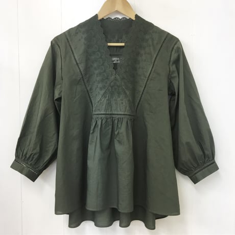 V-Neck Gathered Top / Khaki Green