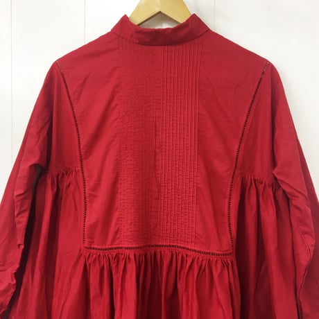 Pintuck Gathered Shirt Dress / Carmine Red