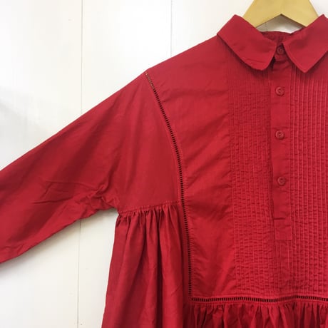 Pintuck Gathered Shirt Dress / Carmine Red