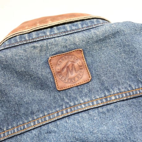Marlboro Leather Collared Denim Jacket Loose Silhouette
