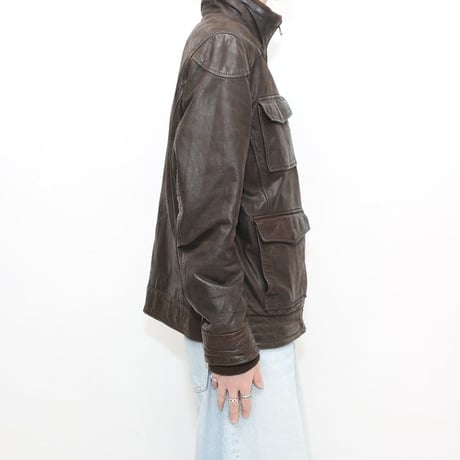 Stand up Collar Brown Leather Jacket