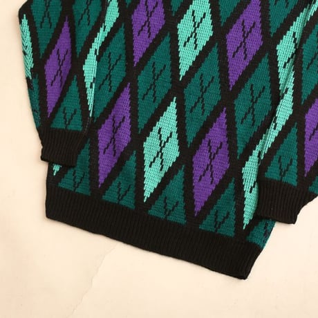 Argyle Pattern Acrylic Knit Sweater Made in USA