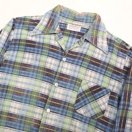 70s Plaid Print Flannel Open Collar Shirt