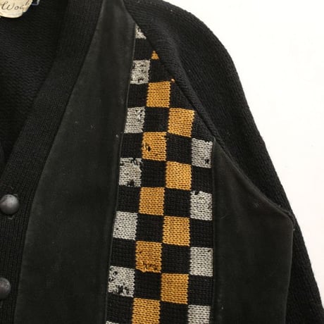 Vintage Wool × Suede Leather Checkerboard Design Cardigan