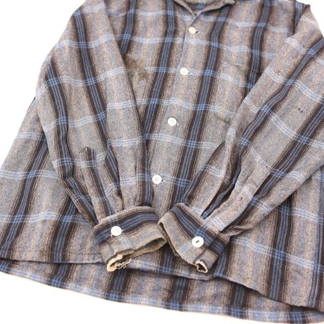 60's Open Collared Check Wool L/S Shirt