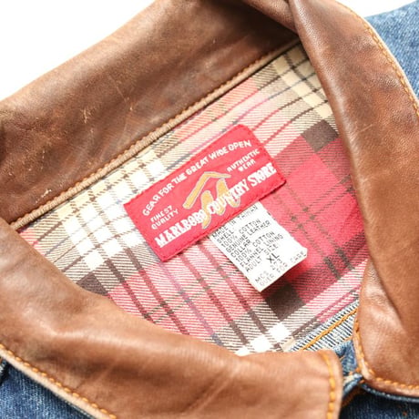 Marlboro Leather Collared Denim Jacket Loose Silhouette