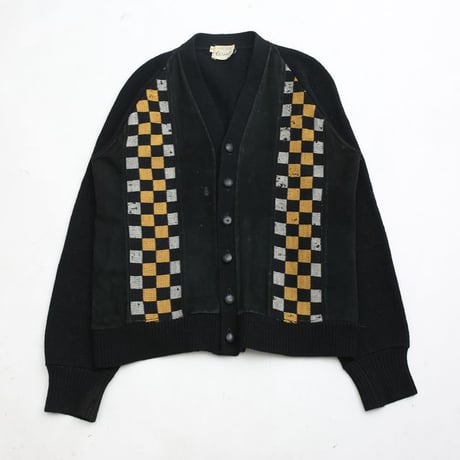 Vintage Wool × Suede Leather Checkerboard Design Cardigan
