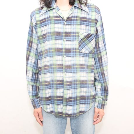 70s Plaid Print Flannel Open Collar Shirt