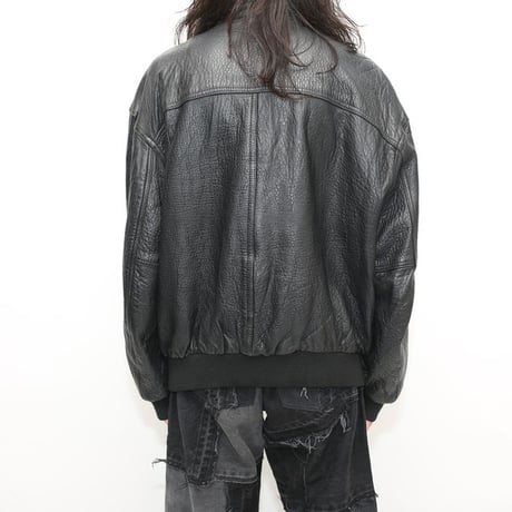Black Rib Leather Jacket Loose Silhouette