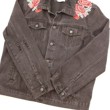 Flower Embroidery Black Denim Jacket