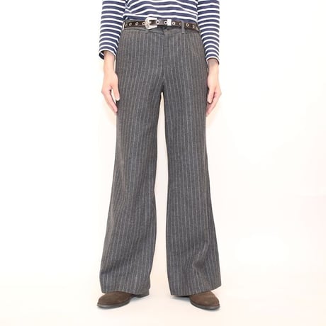 Striped Pattern Wide Flared Wool Slacks Pants