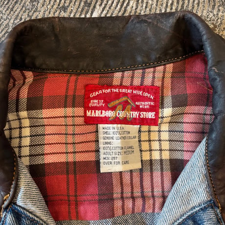 Marlboro Leather Collared Denim Jacket Loose Silhouette