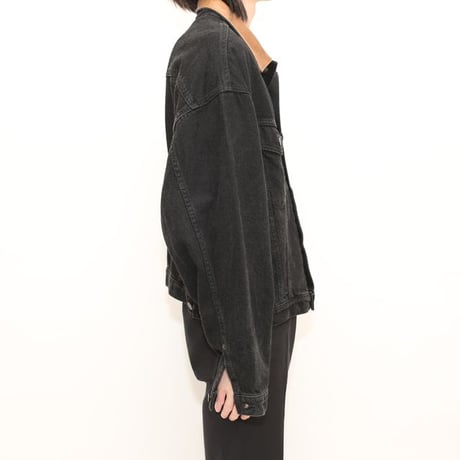 Leather Collared Black Denim Jacket Loose Silhouette